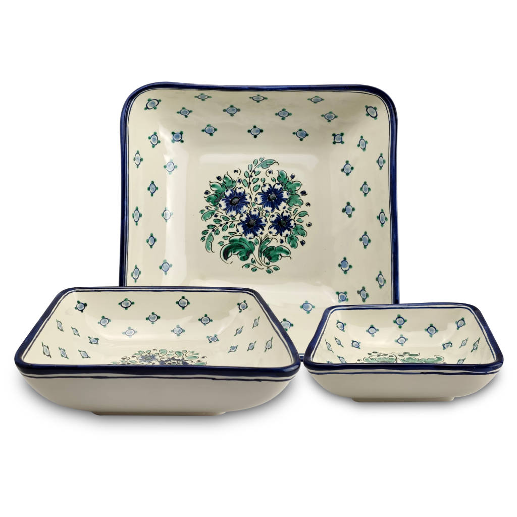 Ensaladeras cuadradas "Flores Azules y Verdes" (individuales o en pack)